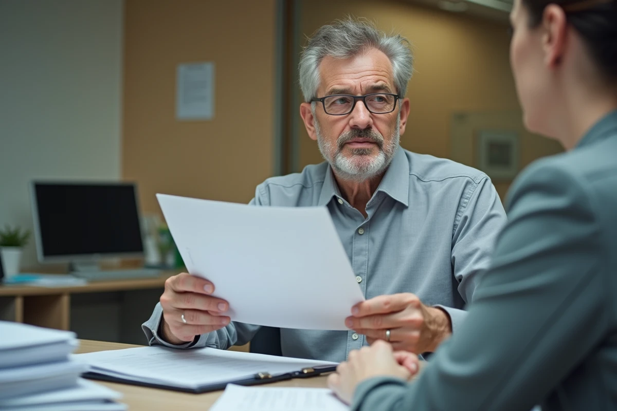 Homme déposant son dossier de retraite auprès d'un conseiller en agence administrative