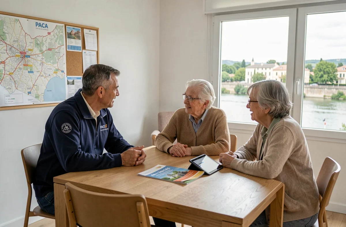 Un coordinateur Destia rencontre un couple de seniors pour planifier leurs services à domicile dans un appartement moderne à Avignon