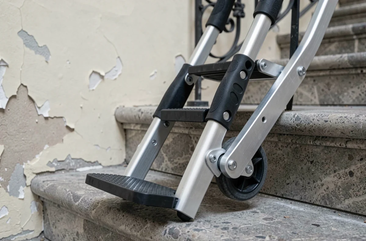 Détail mécanique d'un monte escalier portable posé contre une marche en pierre dans une cage d'escalier ancienne