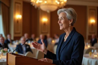 Femme retraitée prononçant un discours de retraite sans notes devant des invités lors d'un banquet