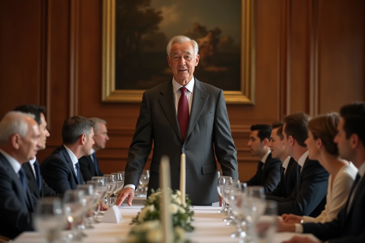 Homme âgé prononçant un discours de retraite spontané sans feuilles autour d'une grande table lors d'un dîner formel