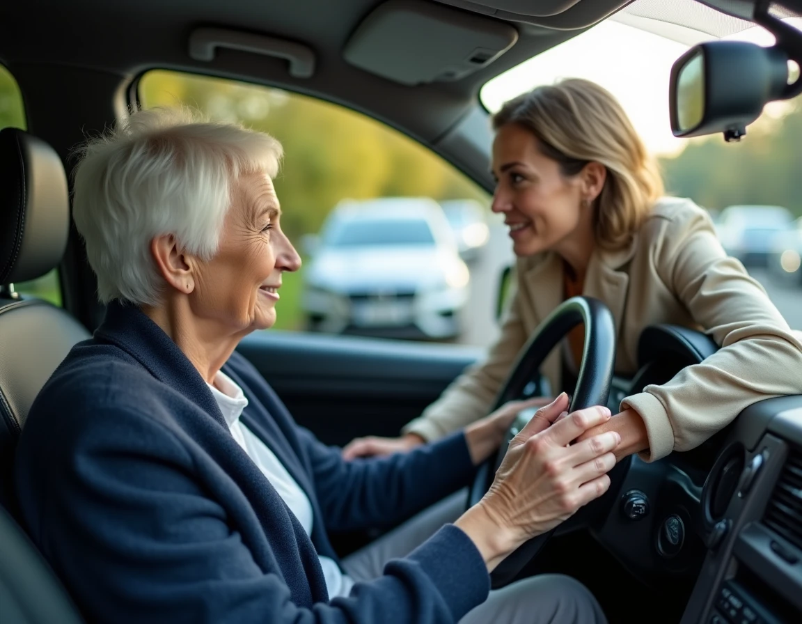 Une femme âgée et sa fille adulte discutant de l'aptitude à conduire après 70 ans, assises près d'une voiture garée
