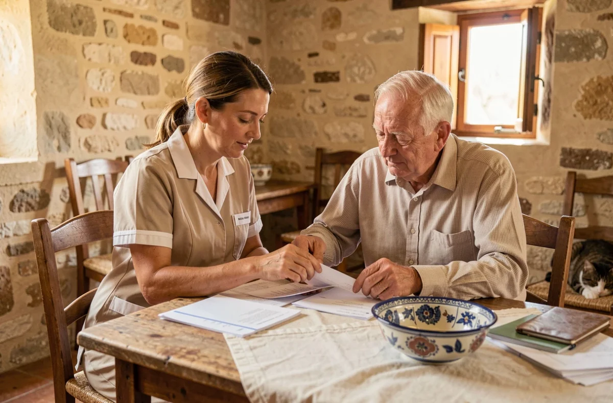 Une auxiliaire de vie Domus Séniors aide un homme âgé à gérer son courrier dans un mas provençal traditionnel des Bouches-du-Rhône