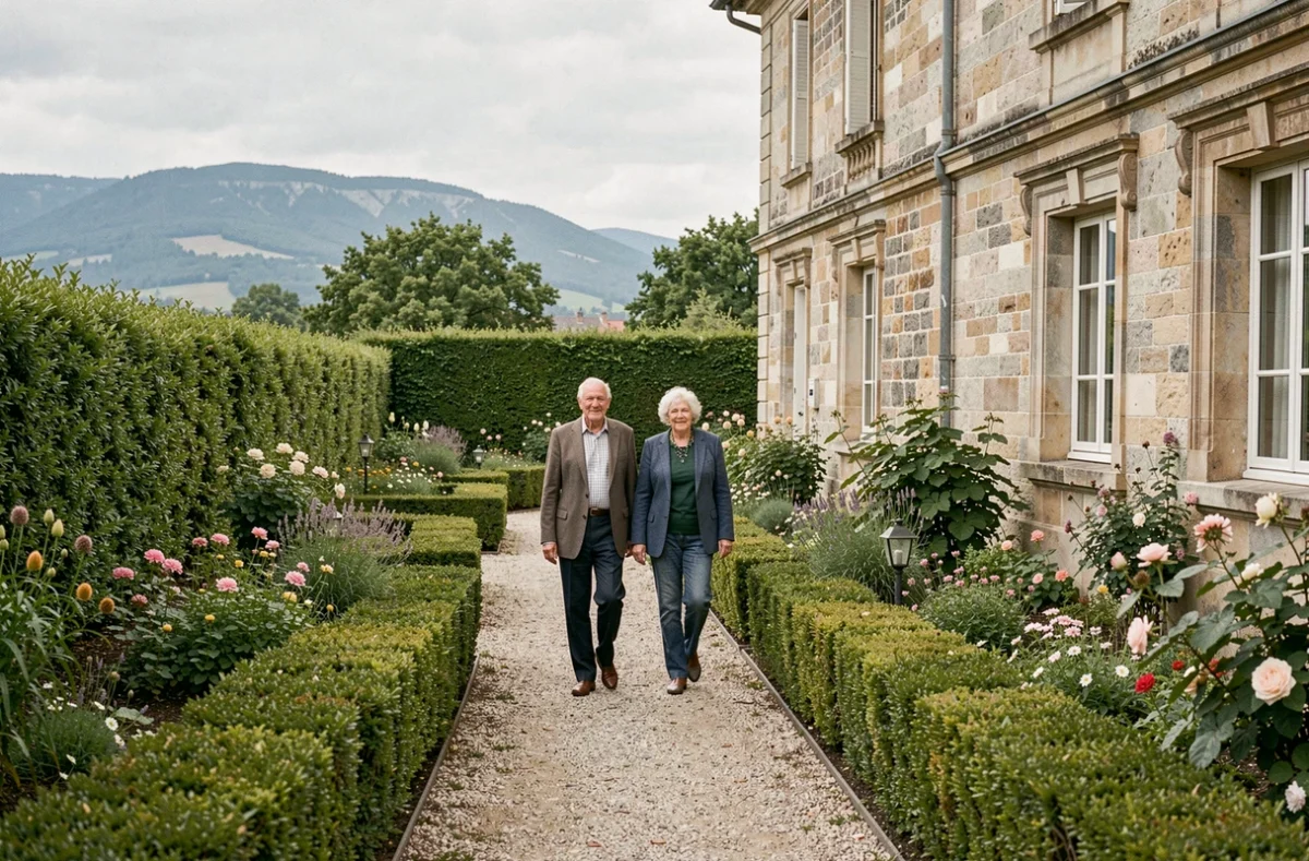 Couple de résidents se promenant dans le jardin soigné de l'EHPAD du centre hospitalier de Belley avec un bâtiment en pierre typique