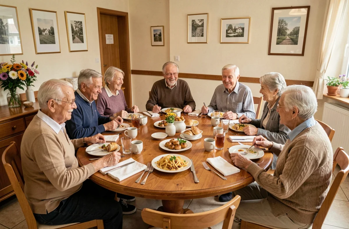 Résidents partageant un repas convivial dans la salle à manger des Jardins de Médéric à Amiens