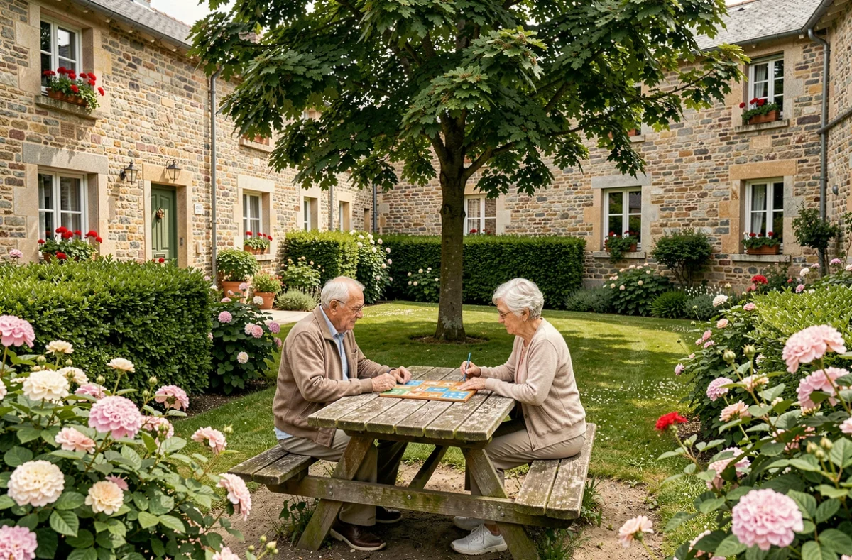Résidents jouant dans le jardin verdoyant des Jardins d'Iroise de Villereau