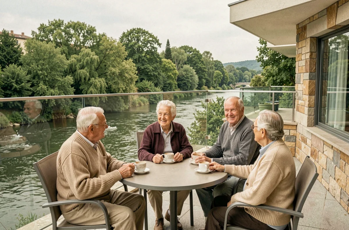 Terrasse de l'EHPAD Les Jardins du Val de Saône à Thoissey avec des résidents profitant de la vue sur la rivière