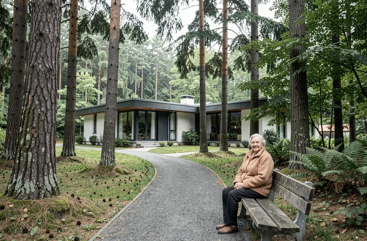 Résidente âgée assise sur un banc en bois à l'orée de la forêt du parc de l'EHPAD La Forestière à Divonne-les-Bains