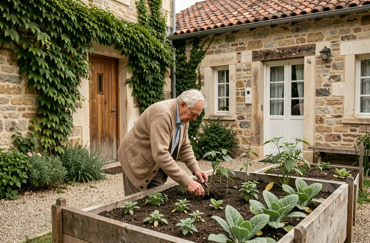 Résident âgé jardinant dans la cour de l'EHPAD de Pont-de-Veyle entouré d'un cadre rural typique de la Bresse