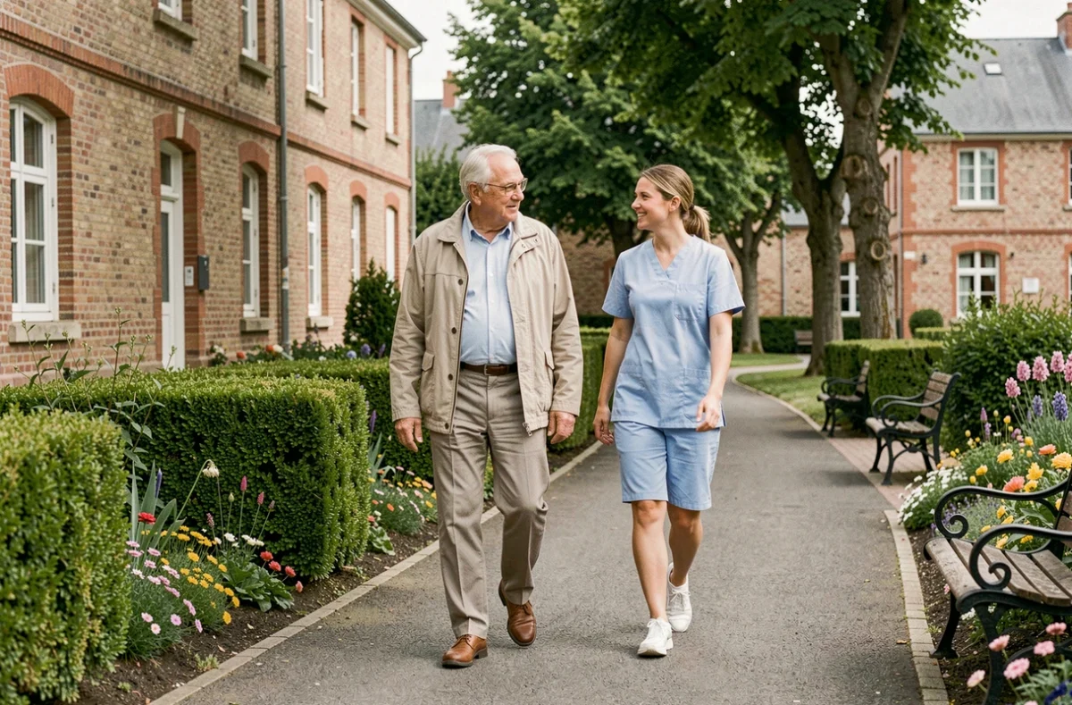 Résident se promenant avec une soignante dans le jardin de la Résidence du Parc à Aix-Noulette