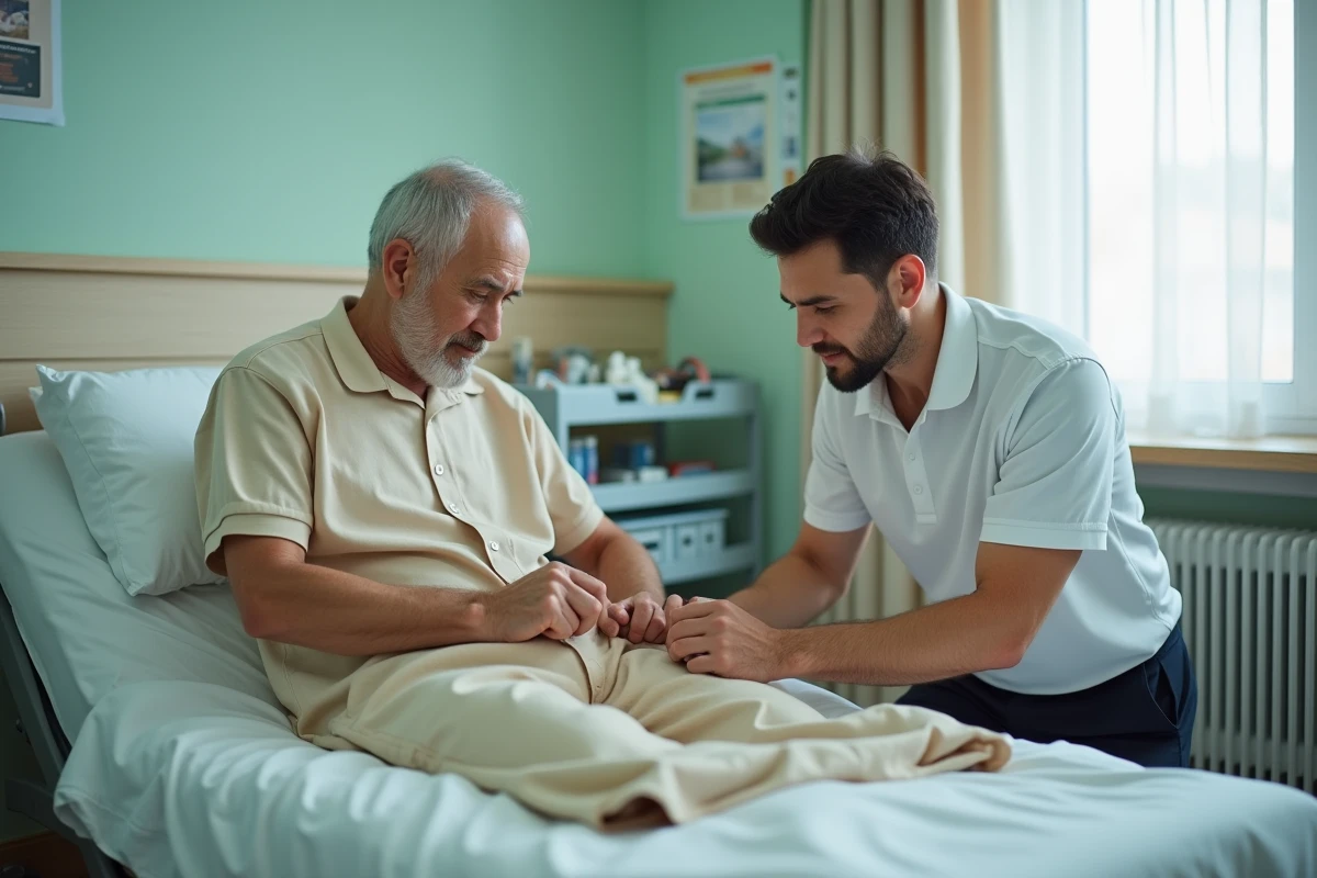 Ergothérapeute expliquant l'utilisation correcte d'une grenouillère adulte à un patient masculin en rééducation