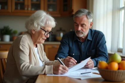 Une femme âgée et son fils adulte examinent des documents financiers à la table familiale, évoquant la contribution aux frais de maison de retraite et les questions de succession