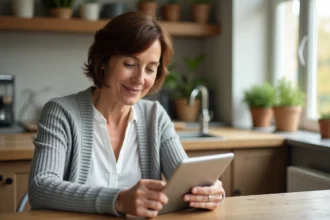 Femme d'âge mûr consultant une application de télégestion LogisFil sur une tablette dans une cuisine familiale moderne
