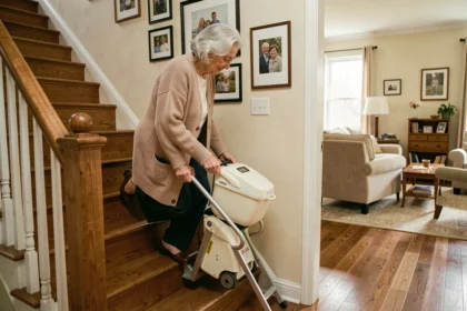 Femme âgée utilisant un ascenseur portable sans installation dans un escalier de maison individuelle
