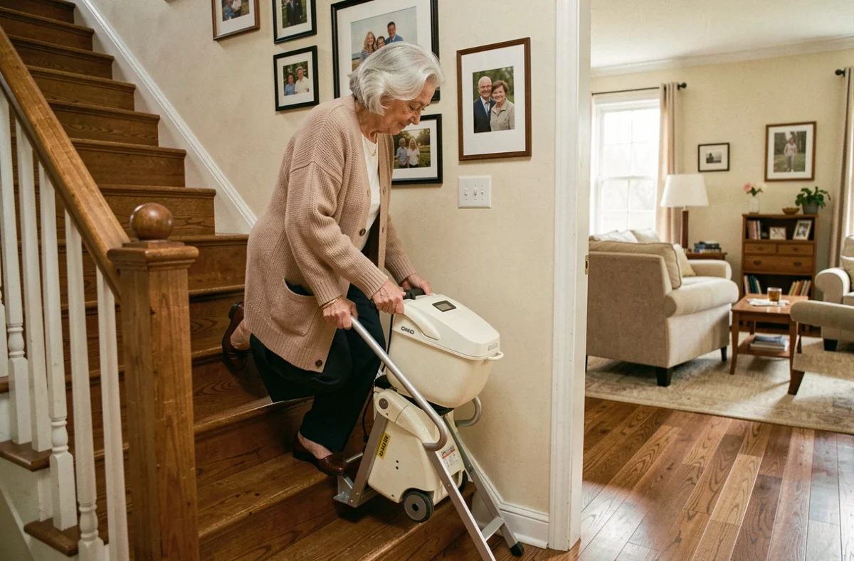 Femme âgée utilisant un ascenseur portable sans installation dans un escalier de maison individuelle