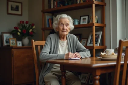 Femme âgée en train de réfléchir à une lettre dans son appartement