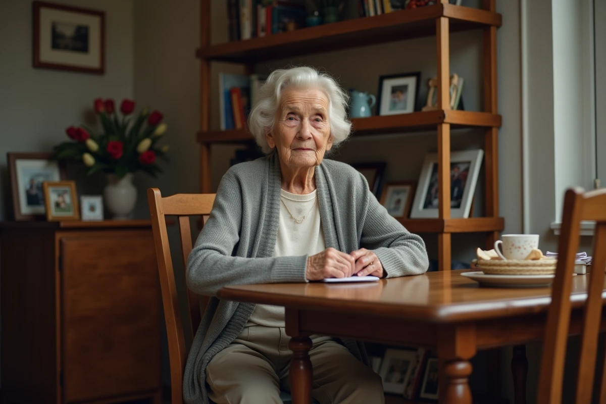 Femme âgée en train de réfléchir à une lettre dans son appartement