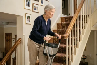 Femme âgée utilisant un monte escalier portable sur un escalier en bois à l'intérieur d'une maison