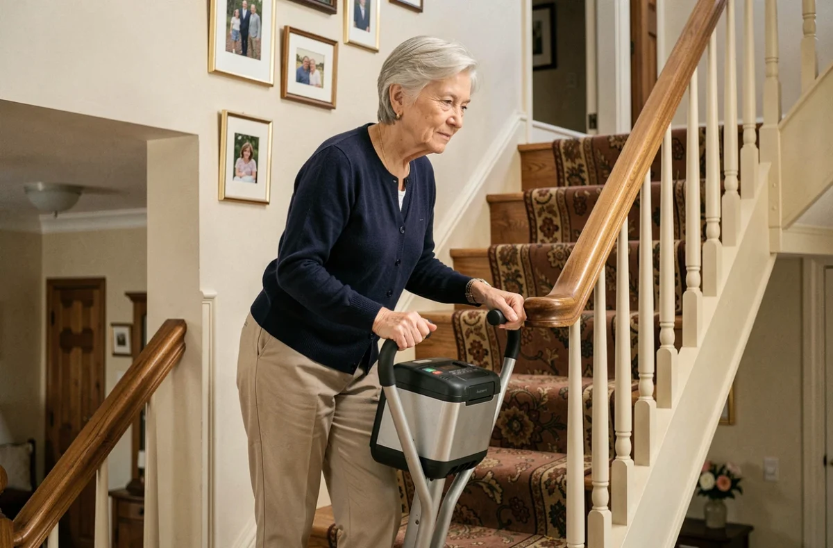 Femme âgée utilisant un monte escalier portable sur un escalier en bois à l'intérieur d'une maison