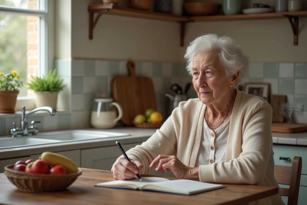 Femme âgée dans sa cuisine examine un agenda