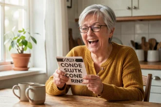 Femme âgée souriante jouant à un quiz humoristique à la table de cuisine, tenant une carte-question avec des lunettes de lecture