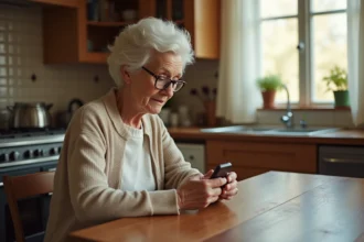 Femme âgée à domicile tenant un traceur GPS dans sa cuisine, appareil de géolocalisation pour personne âgée vivant seule