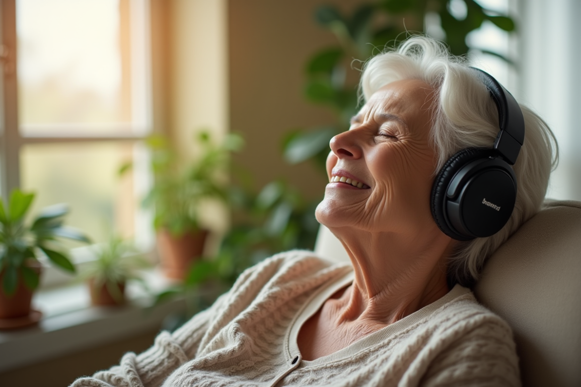 Femme âgée écoute de la musique avec sourire dans un salon lumineux
