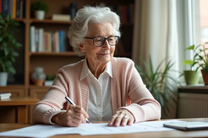 Femme âgée examinant des documents financiers à la maison