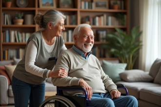Femme aidant son père en fauteuil dans un salon chaleureux