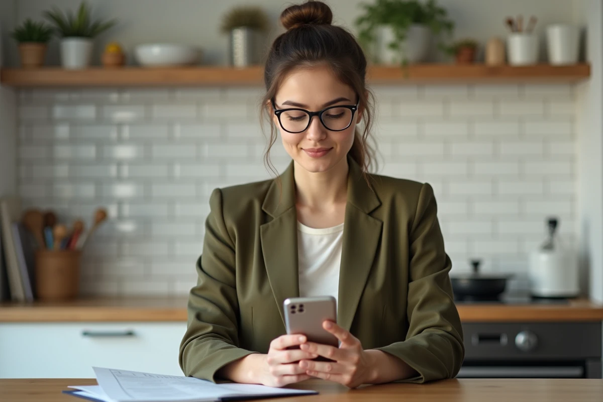 Femme consultant l'application Mon Proxima sur smartphone avec des documents officiels de mesure de protection