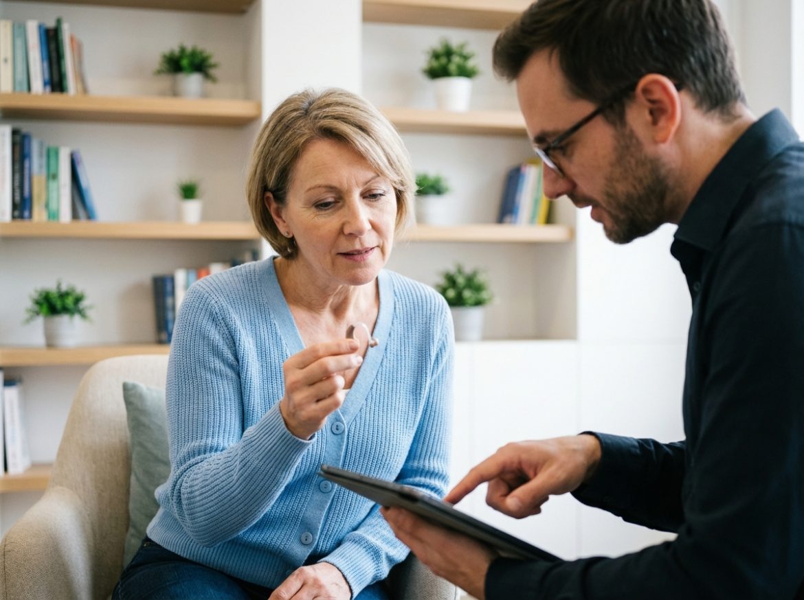 Femme attentive avec prothese auditive dans une consultation