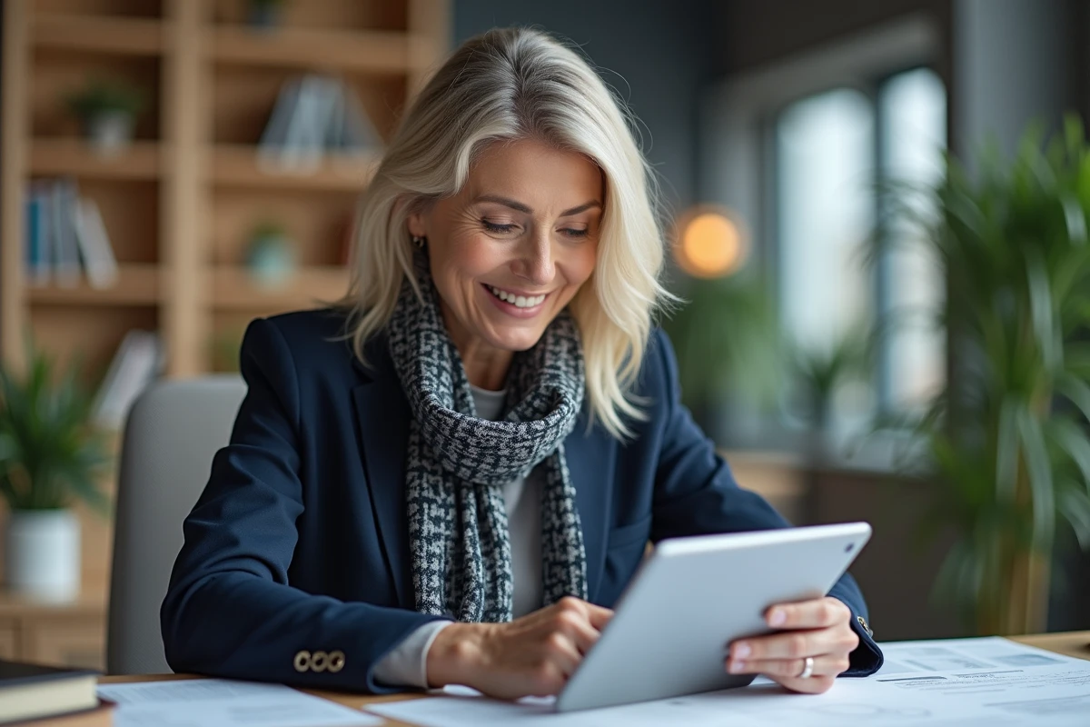 Femme en bureau moderne consulte un document digital