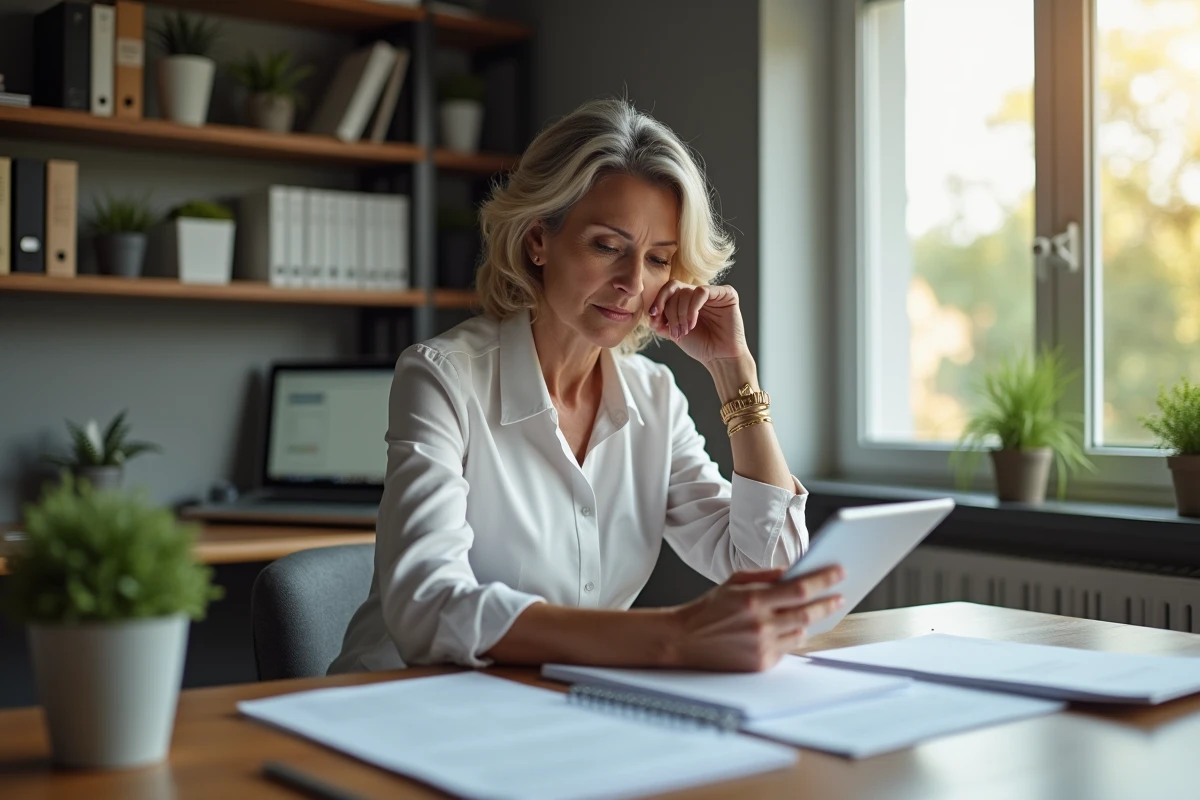 Femme d age moyenne au bureau à domicile avec tablette
