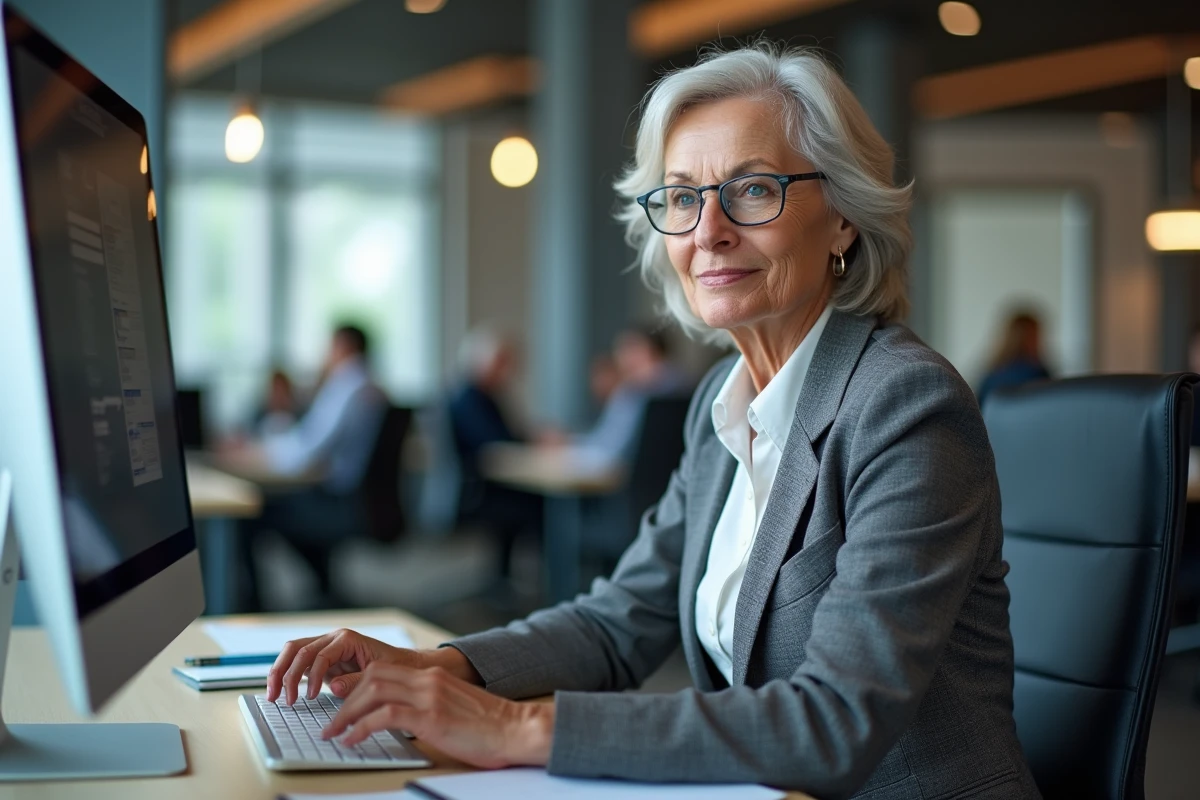 Femme cadre gérant son compte retraite PRO BTP en ligne depuis son bureau professionnel