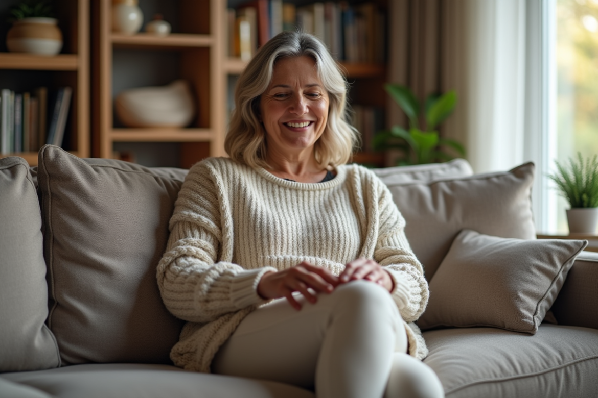 Femme d'âge moyen appliquant un coussin chauffant sur son genou dans un salon cosy