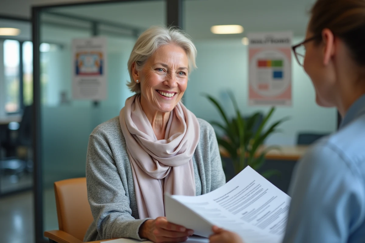 Femme souriante discutant avec un conseiller en retraite au bureau