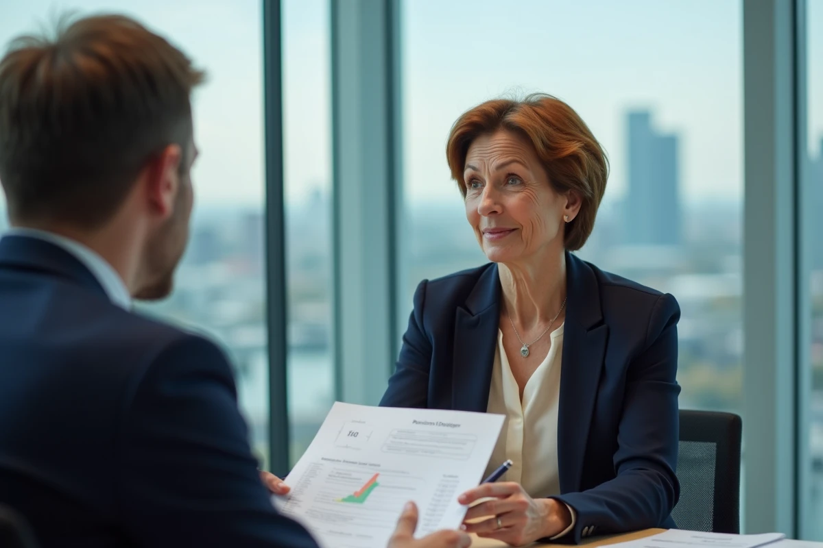 Femme d'une cinquantaine d'années en réunion avec un conseiller financier dans un bureau moderne, analysant un graphique de projection de pension pour décider de l'âge optimal de départ à la retraite