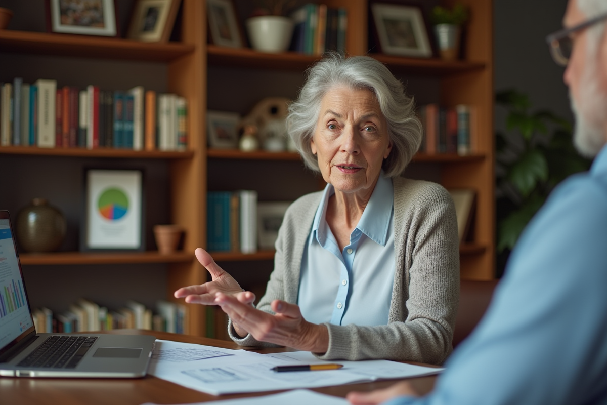 Femme senior discutant avec un conseiller dans un bureau à domicile chaleureux