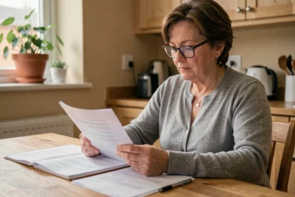 Femme consultant des documents administratifs sur l'AAH à sa table de cuisine