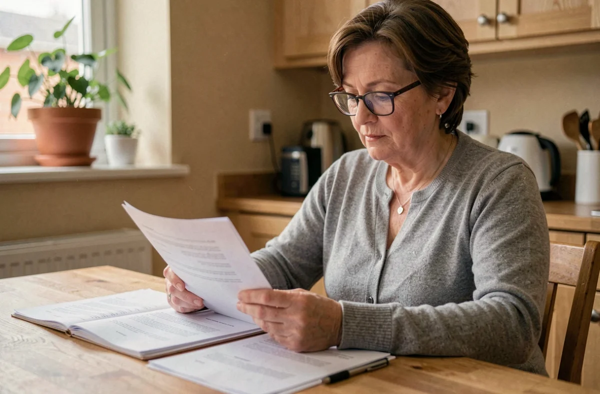 Femme consultant des documents administratifs sur l'AAH à sa table de cuisine