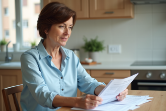 Femme examinant des documents de remboursement médical