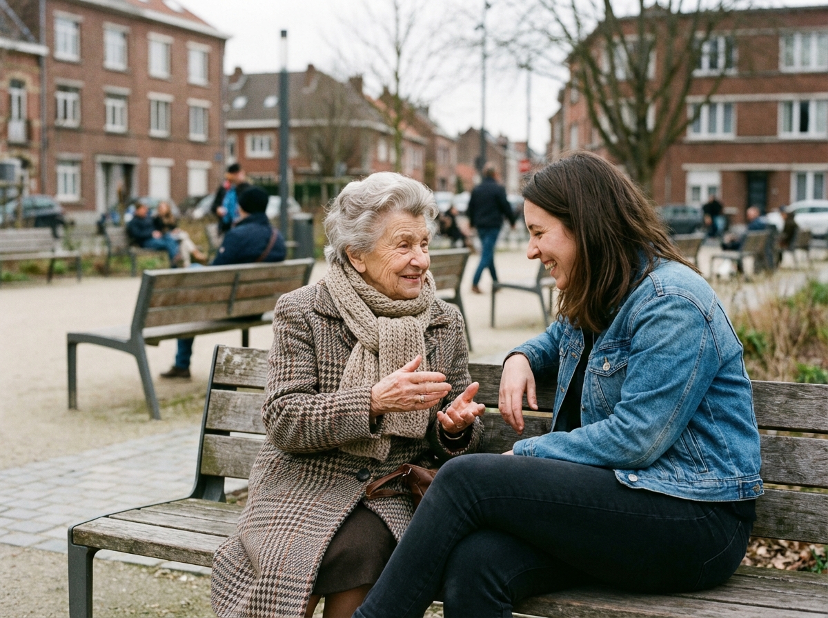 Femme âgée souriante avec femme plus jeune dans un parc à Roubaix