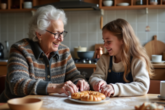 Femme belge âgée préparant des pâtisseries traditionnelles avec sa petite fille