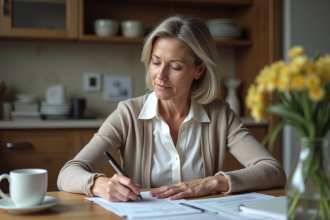 Femme concentrée remplissant ses documents fiscaux à la maison