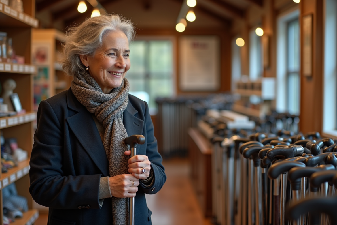 Femme âgée examine un canne dans un magasin chaleureux