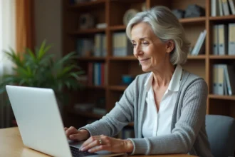 Femme d'âge mûr gérant des documents de protection juridique sur un ordinateur portable dans un bureau à domicile
