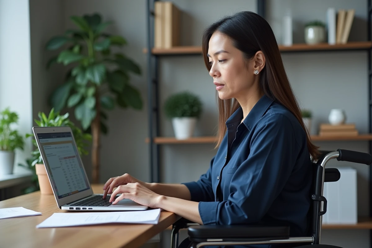Femme en fauteuil roulant examinant des documents administratifs sur la réforme AAH et le foyer fiscal