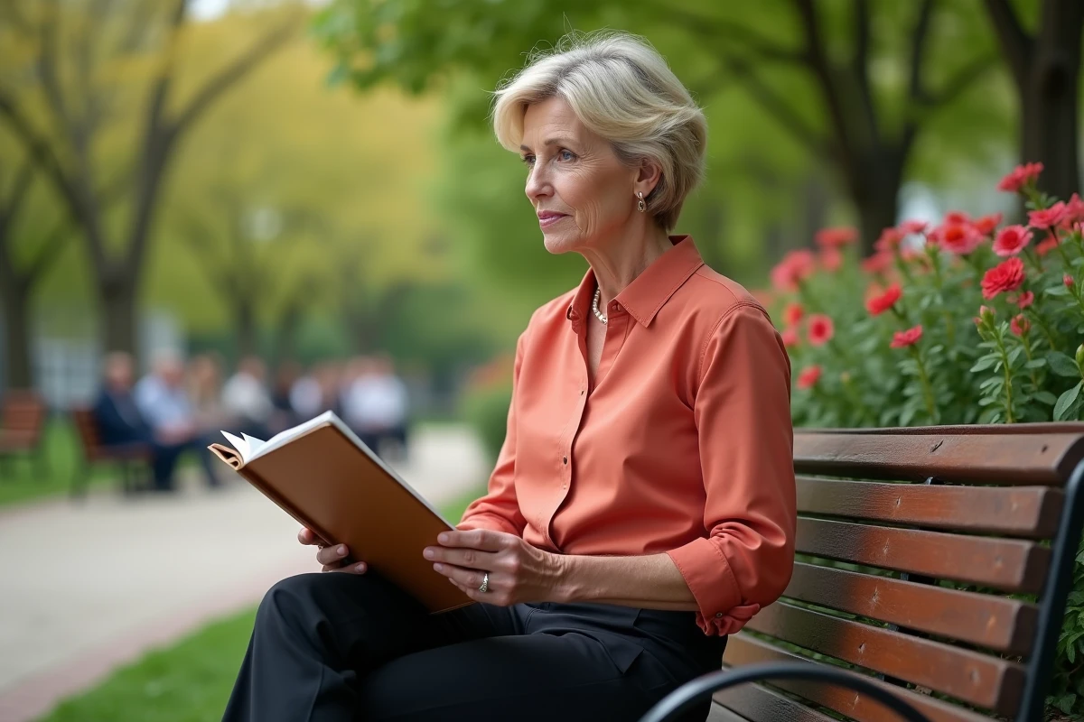 Femme assise dans un parc en train de relire un discours