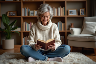 Femme lisant un livre dans un salon chaleureux