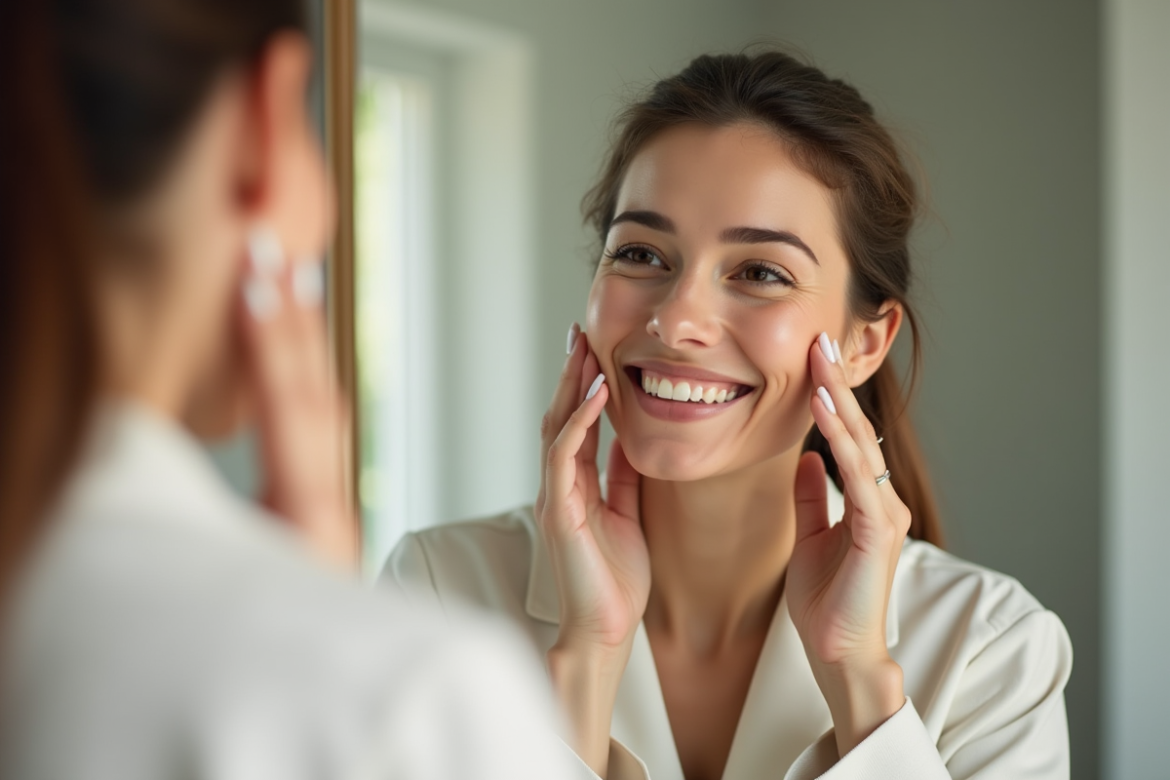 Femme souriante se massant le visage devant miroir lumineux